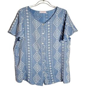 Ana & Rose Women 2X Blue White Embroidered Boho Flutter Sleeve Button‎ Top